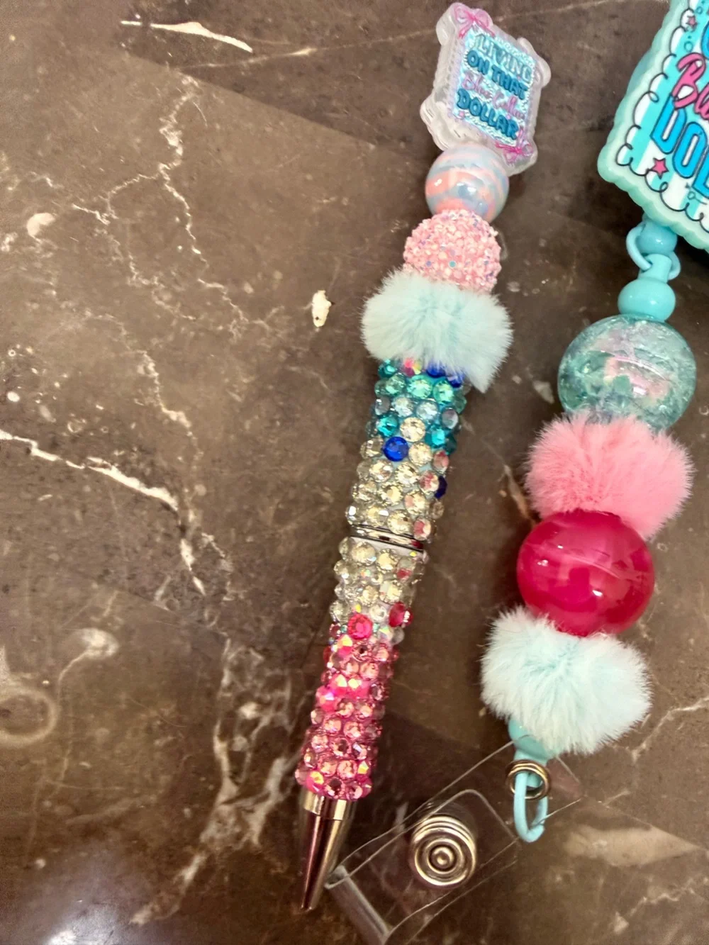 Living on That Blue Collar Dollar Rhinestone Beaded Pen and Matching Badge Reel